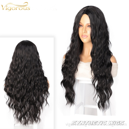 Vigorous High Quality Curly Wave Wig for Black Women Part Synthetic Wig Non Lace 1B Natural Black Color Long Hair Wig